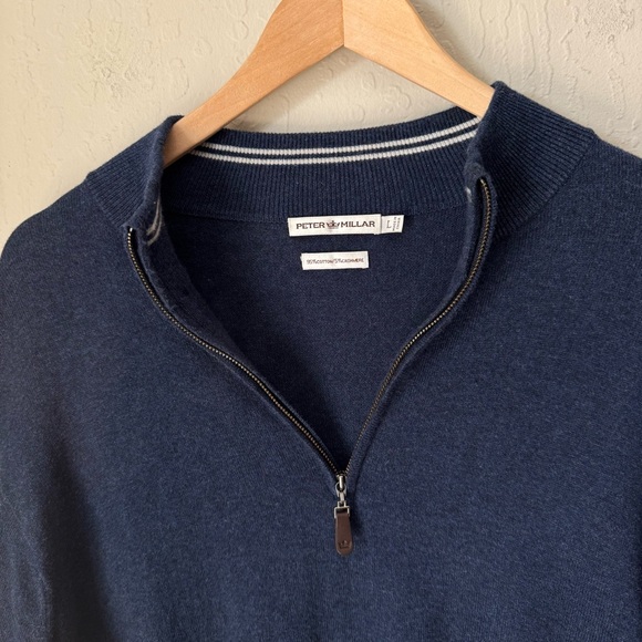 PETER MILLAR Cotton Cashmere Quarter-Zip Navy Sweater Regular Fit Size Large - Picture 6 of 16